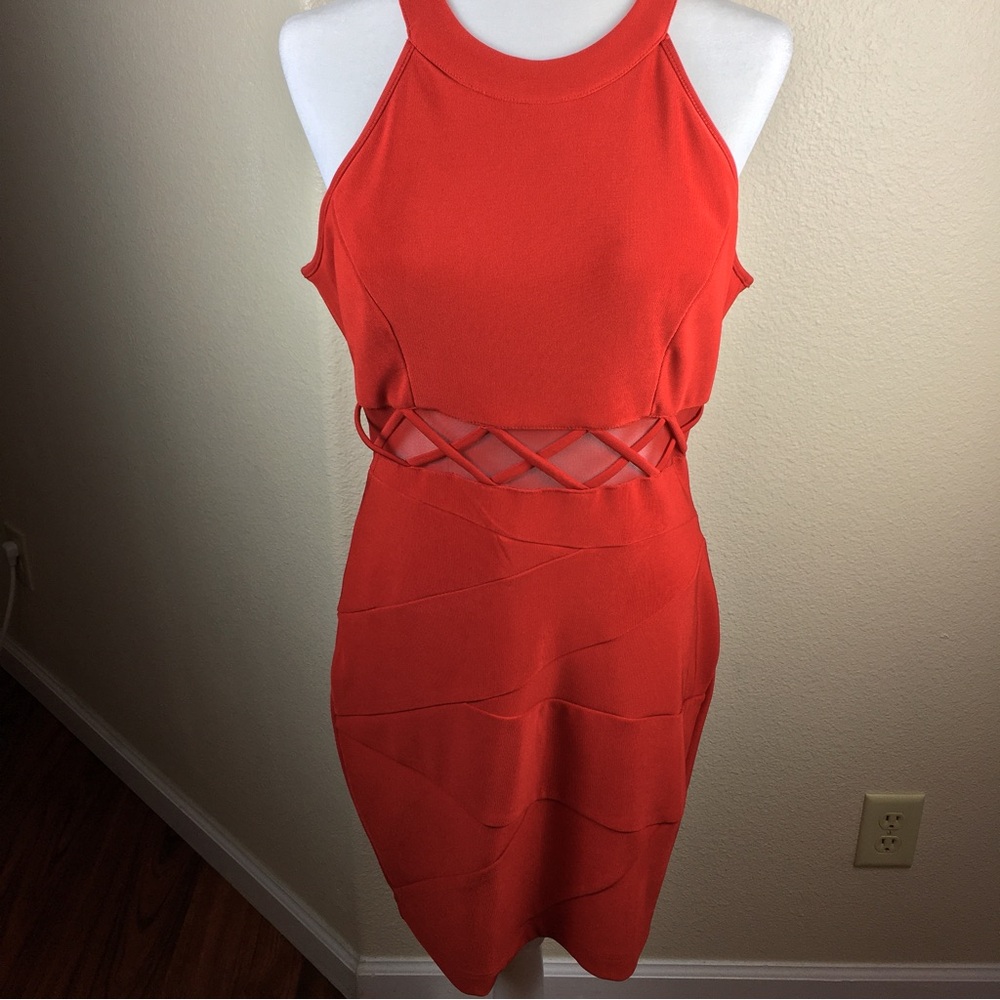 Emerald Sundae Juniors' Mesh Illusion-Waist Bodycon Red Dress XL